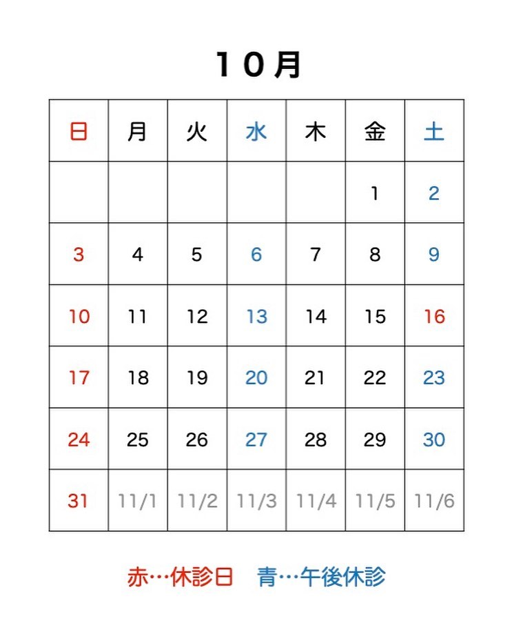 ?今月の診療日です10月16日(土)は休診となります