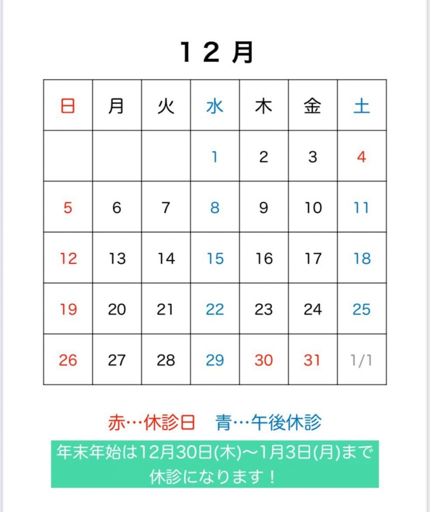 ?今月の診療日です12月4日(土)は休診また、年末年始は12月30日(木)〜1月3日(月)まで休診となります今年の痛みは今年の内に?ご予約お待ちしております